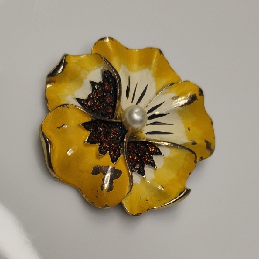 Yellow Enamel Flower Brooch with Faux Pearl Center